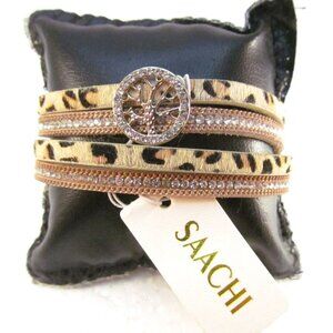Saachi Tree of Life Leopard Design Rhinestone Wrap Bracelet New